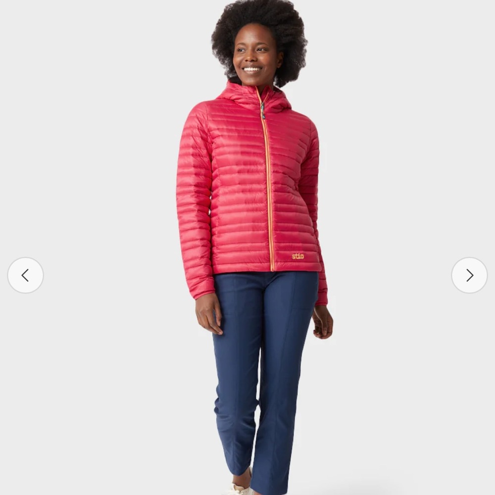 Stio Women's Pink Hooded Down Jacket with Yellow Trim - Picture 4 of 11